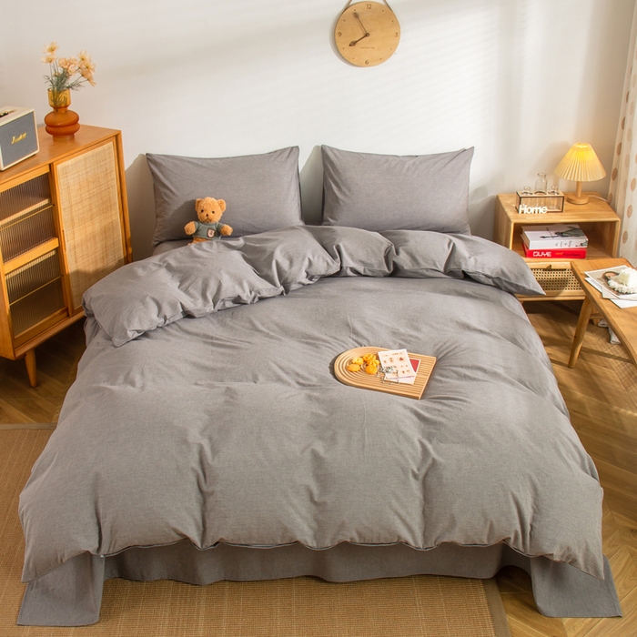 91家纺网 家纺一手货源 找家纺 柠萌家居 2024新款A类全棉色织水洗棉无印风四件套 冷灰