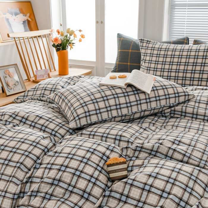 91家纺网 家纺一手货源 找家纺 柠萌家居 2024新款A类全棉色织水洗棉无印风四件套 里约蓝