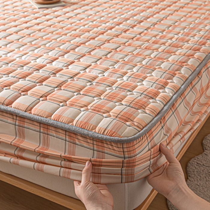 91家纺网 家纺一手货源 找家纺 鑫钰 2024新款无印风水洗棉水洗亲肤大豆夹棉床笠-简格 简格-格调橙