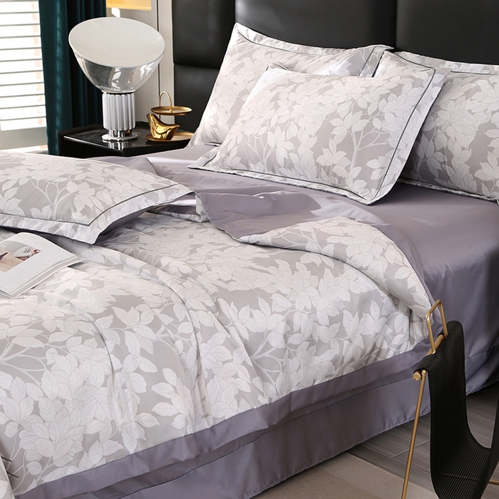 91家纺网 家纺一手货源 找家纺 梦莱斯 2024新款拼角宽边水洗天丝夏被四件套 清竹灰