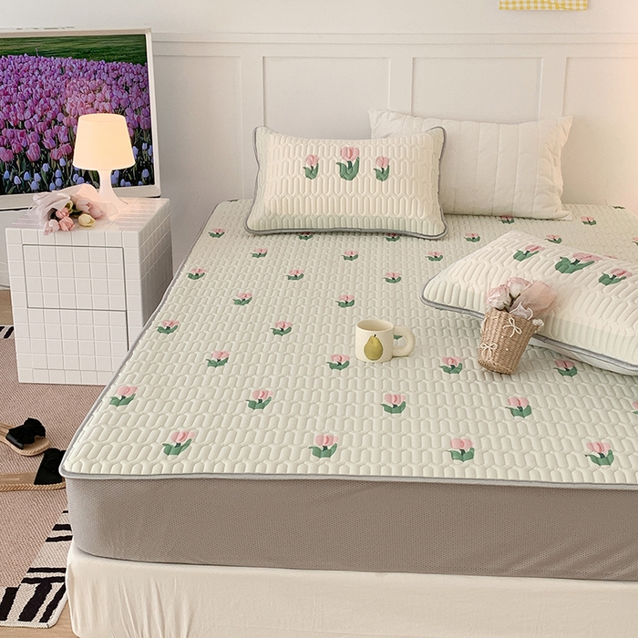 91家纺网 家纺一手货源 找家纺 昔可家纺 2024新款床笠款乳胶席 淡绿底郁金香