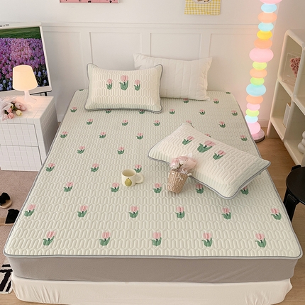 91家纺网 家纺一手货源 找家纺 昔可家纺 2024新款床笠款乳胶席 淡绿底郁金香