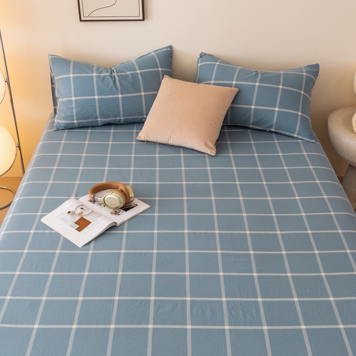 91家纺网 家纺一手货源 找家纺 寐眠 2024新款全棉水洗棉床单床笠单品-单床单 海蓝大格