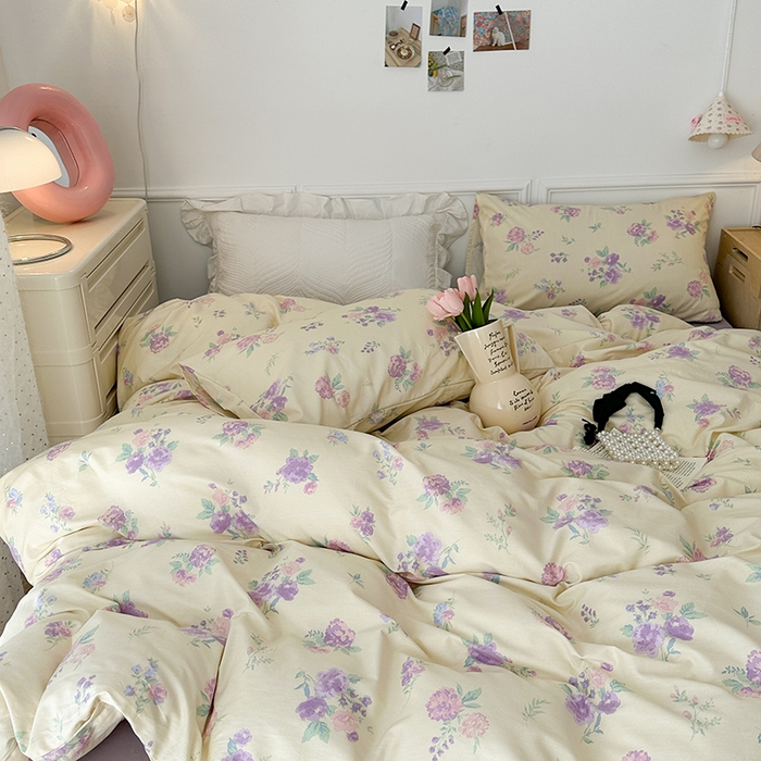 91家纺网 家纺一手货源 找家纺 昔可家纺 2024新款全棉春日复古印花四件套 紫色落花