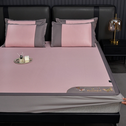 91家纺网 家纺一手货源 找家纺 简一 2024新款A类抗菌冰丝席--床笠款 蝶恋花抗菌席粉床笠