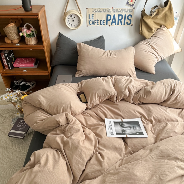 91家纺网 家纺一手货源 找家纺 易辰美 2024新款混搭超柔水洗棉四件套 奶杏+深灰