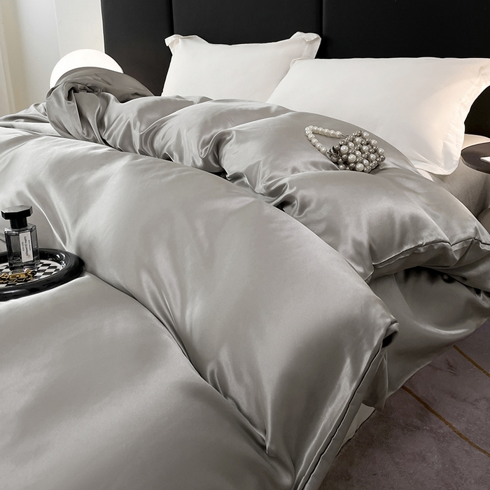 91家纺网 家纺一手货源 找家纺 梦舒羽 2025新款可水洗冰丝被套双人床被套带同款床单床笠四件套 典雅灰