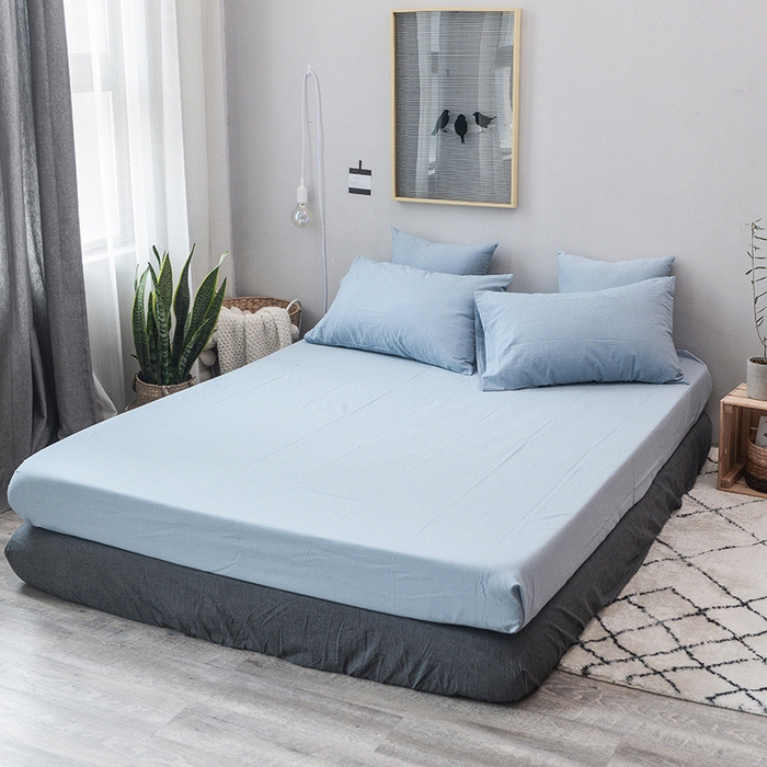 91家纺网 家纺一手货源 找家纺 柠萌家居 2024新款A类全棉色织水洗棉无印风四件套 浅水蓝