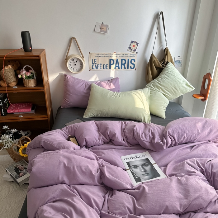 91家纺网 家纺一手货源 找家纺 易辰美 2024新款混搭超柔水洗棉四件套 香芋紫+酷灰