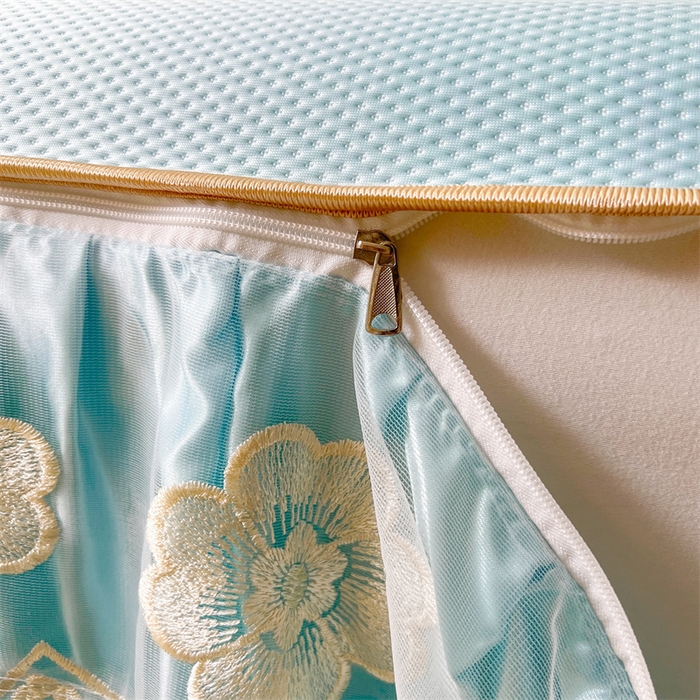 91家纺网 家纺一手货源 找家纺 虹星家纺 2024新款A类冰感凉豆豆可拆卸床裙席三件套 冰川蓝