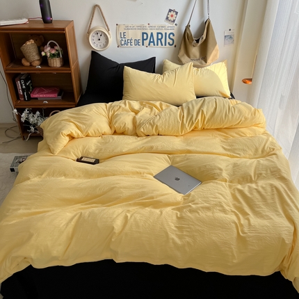 91家纺网 家纺一手货源 找家纺 易辰美 2024新款混搭超柔水洗棉四件套 嫩黄+酷黑