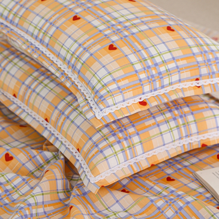 91家纺网 家纺一手货源 找家纺 萌宝 2025老粗布新款纯棉细纱三枚缎卡帆布花边款软凉席床单提供买家秀爱心格黄