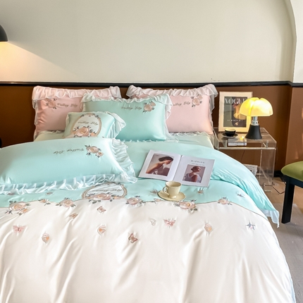 91家纺网 家纺一手货源 找家纺 （总）苹果星家纺 2024新款莱赛尔纤维刺绣花天丝四件套非长绒棉天丝棉公主风贴布绣