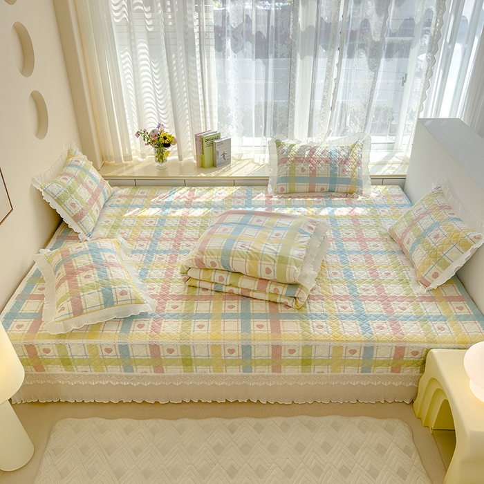 91家纺网 家纺一手货源 找家纺 冬然 2023新款全棉防滑榻榻米垫子炕垫纯棉床盖夹棉床单纯棉床单 爱心格粉