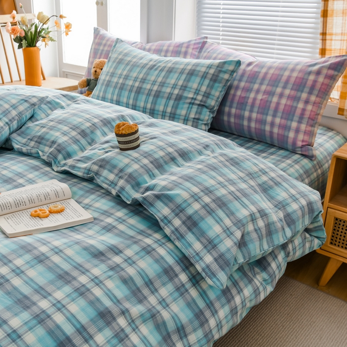 91家纺网 家纺一手货源 找家纺 柠萌家居 2024新款A类全棉色织水洗棉无印风四件套 简爱绿格