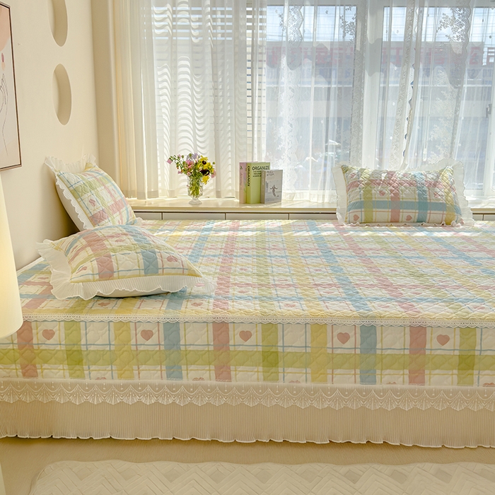 91家纺网 家纺一手货源 找家纺 冬然 2023新款全棉防滑榻榻米垫子炕垫纯棉床盖夹棉床单纯棉床单 爱心格粉