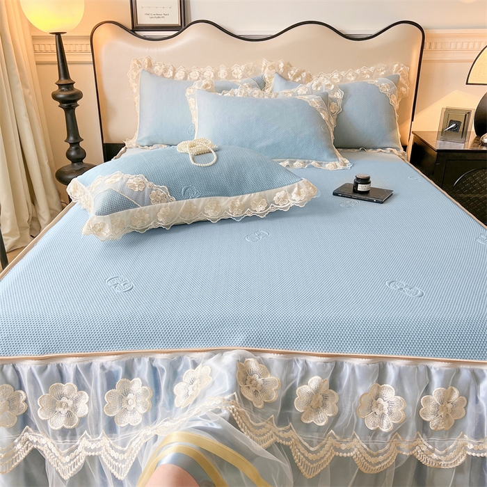 91家纺网 家纺一手货源 找家纺 虹星家纺 2024新款A类冰感凉豆豆可拆卸床裙席三件套 宝石蓝