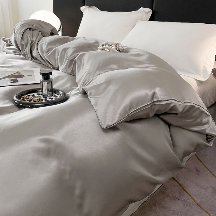 91家纺网 家纺一手货源 找家纺 梦舒羽 2025新款可水洗冰丝被套双人床被套带同款床单床笠四件套 典雅灰