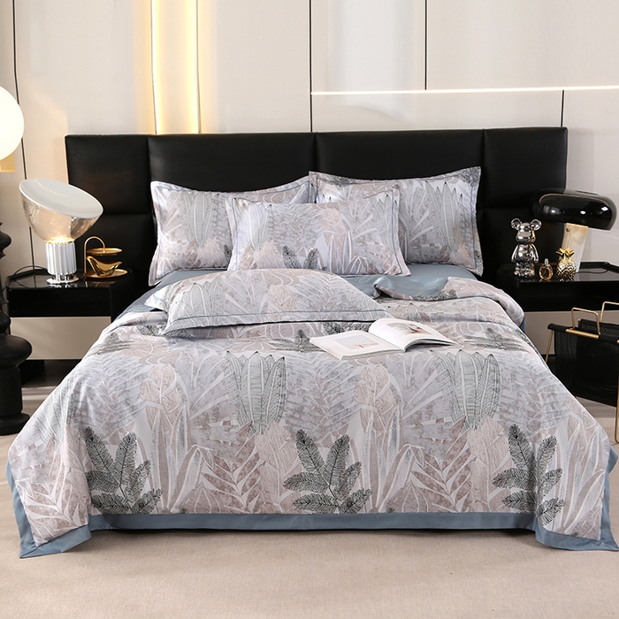 91家纺网 家纺一手货源 找家纺 梦莱斯 2024新款拼角宽边水洗天丝夏被四件套 初禾灰