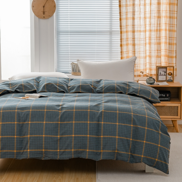 91家纺网 家纺一手货源 找家纺 柠萌家居 2024新款A类全棉色织水洗棉无印风四件套 瓦尔灰