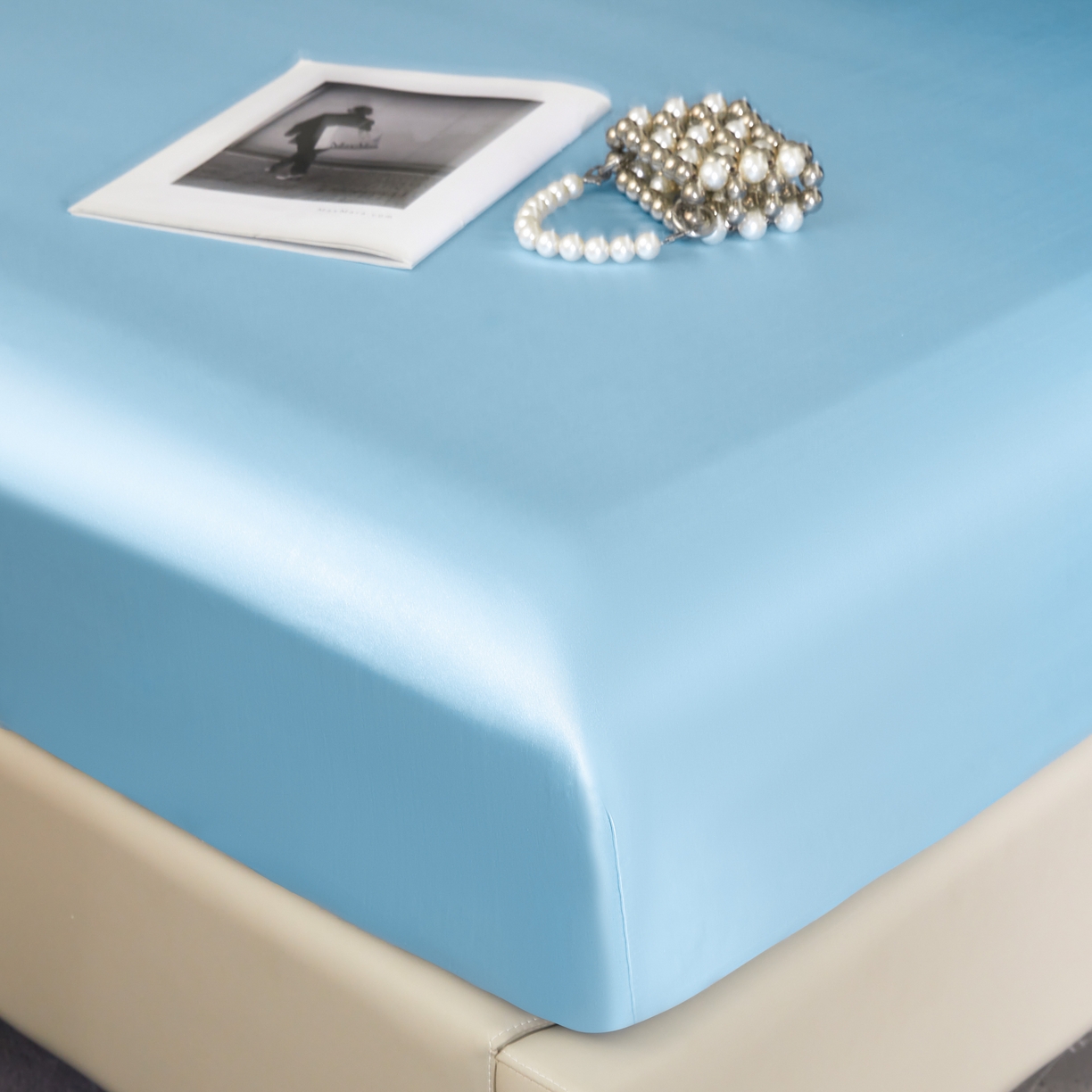 91家纺网 家纺一手货源 找家纺 梦舒羽 2025新款可水洗冰丝床垫保护套床笠三件套 天空蓝