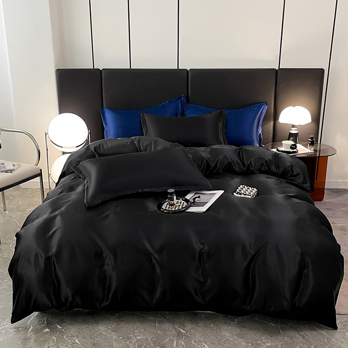 91家纺网 家纺一手货源 找家纺 梦舒羽 2025新款可水洗冰丝被套床单枕套夏季四件套 尊贵黑