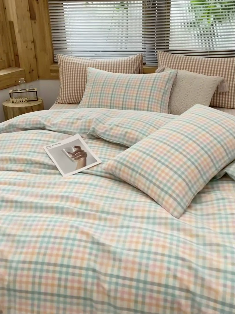 91家纺网 家纺一手货源 找家纺 柠萌家居 2024新款A类全棉色织水洗棉无印风四件套 芳华绿