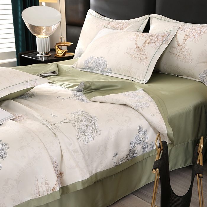 91家纺网 家纺一手货源 找家纺 梦莱斯 2024新款拼角宽边水洗天丝夏被四件套 锦瑞-米黄