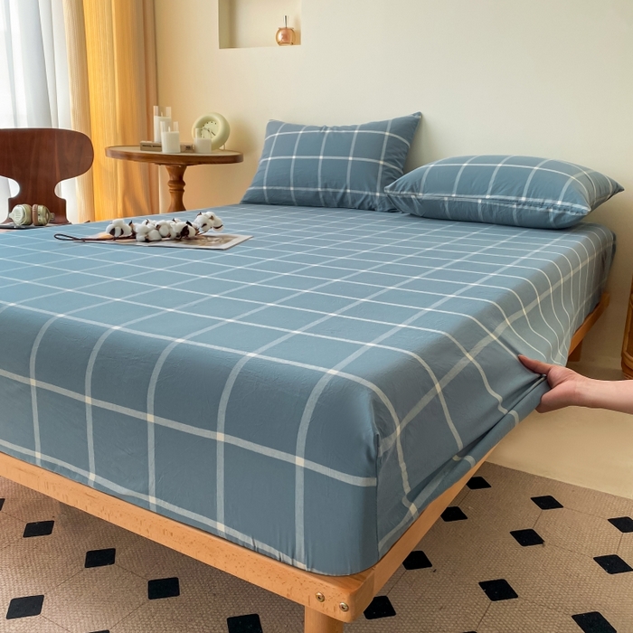 91家纺网 家纺一手货源 找家纺 寐眠 2024新款全棉水洗棉床单床笠单品-单床笠 海蓝大格