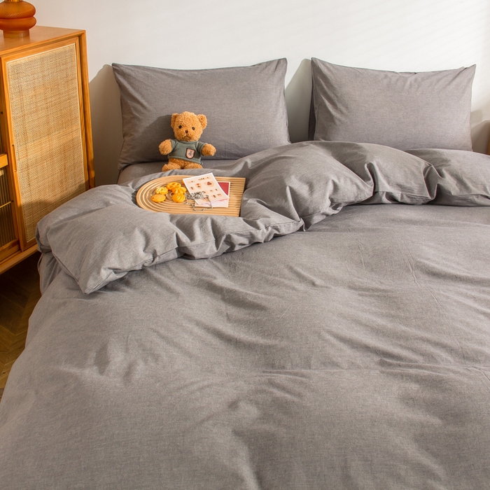 91家纺网 家纺一手货源 找家纺 柠萌家居 2024新款A类全棉色织水洗棉无印风四件套 冷灰