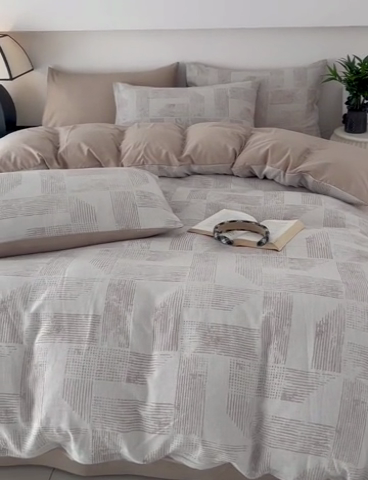 91家纺网 家纺一手货源 找家纺 HL原创 2024新款原创双层纱提花四件套 几何-咖