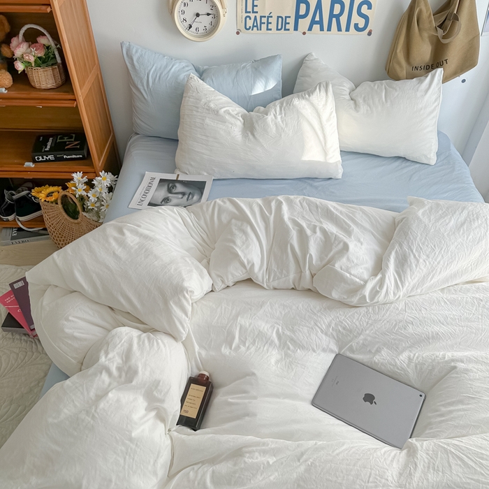 91家纺网 家纺一手货源 找家纺 易辰美 2024新款混搭超柔水洗棉四件套 奶白+浅兰