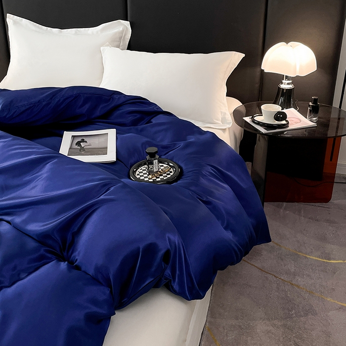 91家纺网 家纺一手货源 找家纺 梦舒羽 2025新款可水洗冰丝被套双人床被套带同款床单床笠四件套 深海蓝