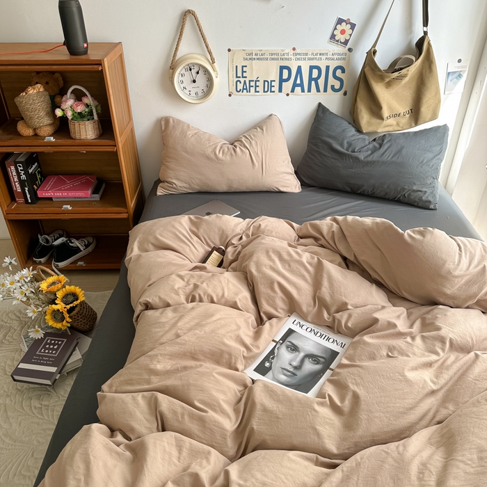 91家纺网 家纺一手货源 找家纺 易辰美 2024新款混搭超柔水洗棉四件套 奶杏+深灰