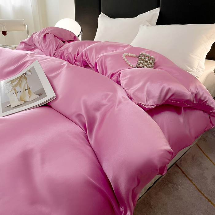 91家纺网 家纺一手货源 找家纺 梦舒羽 2025新款可水洗冰丝被套双人床被套带同款床单床笠四件套 粉色