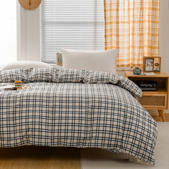 91家纺网 家纺一手货源 找家纺 柠萌家居 2024新款A类全棉色织水洗棉无印风四件套 里约蓝