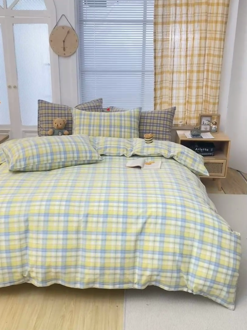 91家纺网 家纺一手货源 找家纺 柠萌家居 2024新款A类全棉色织水洗棉无印风四件套 简爱黄格