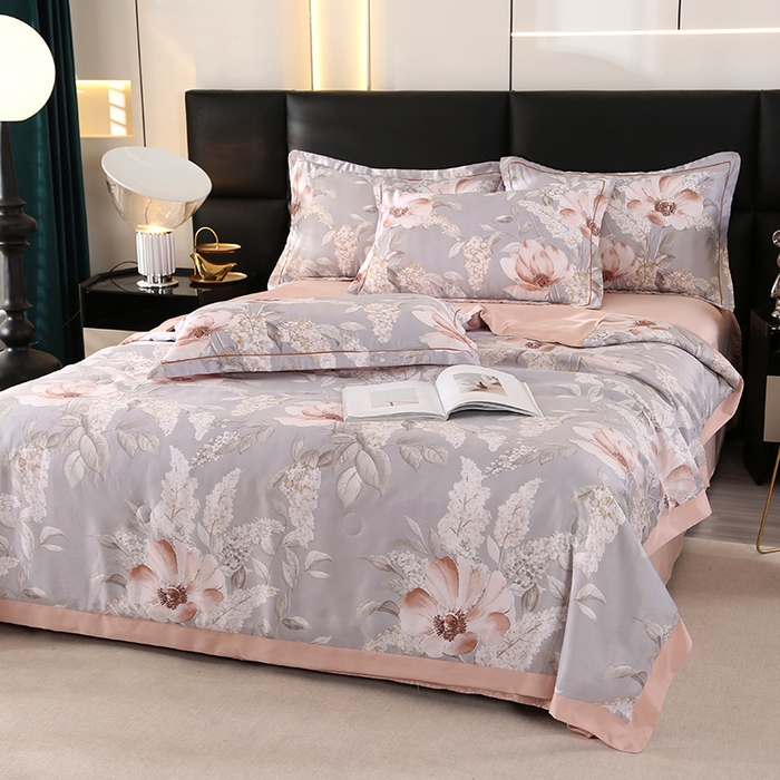 91家纺网 家纺一手货源 找家纺 梦莱斯 2024新款拼角宽边水洗天丝夏被四件套 花颜灰