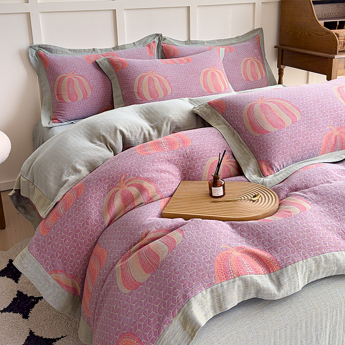 91家纺网 家纺一手货源 找家纺 小欢喜 2024新款全棉A类色织双层纱大提花四件套-宽边款 波点南瓜-紫