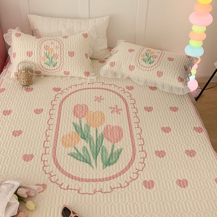 91家纺网 家纺一手货源 找家纺 昔可家纺 2024新款床裙款乳胶席 粉爱心郁金香