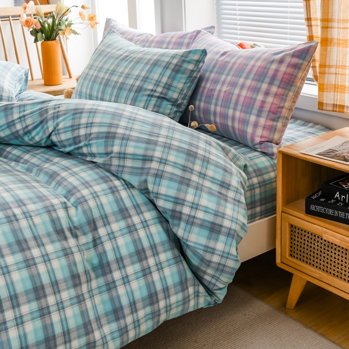 91家纺网 家纺一手货源 找家纺 柠萌家居 2024新款A类全棉色织水洗棉无印风四件套 简爱绿格