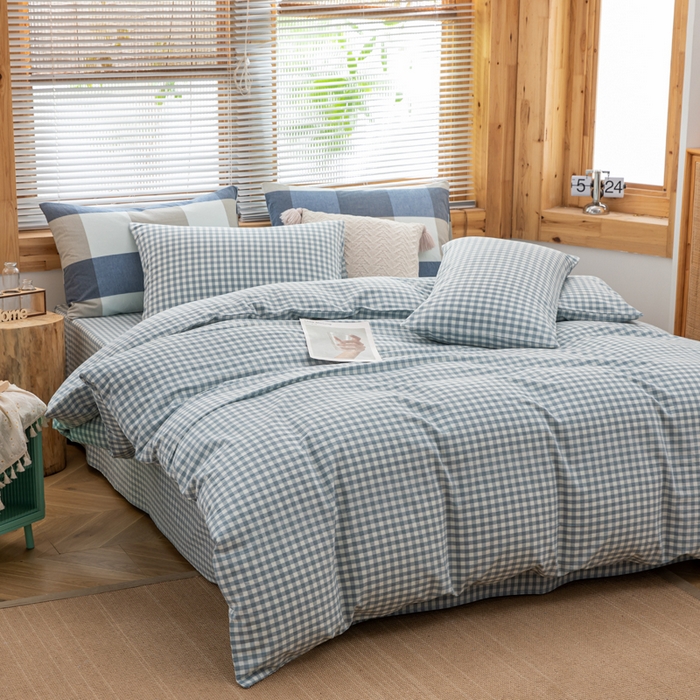 91家纺网 家纺一手货源 找家纺 柠萌家居 2024新款A类全棉色织水洗棉无印风四件套 小兰格