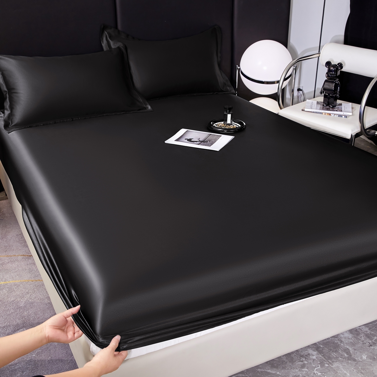 91家纺网 家纺一手货源 找家纺 梦舒羽 2025新款可水洗冰丝床垫保护套床笠三件套 尊贵黑