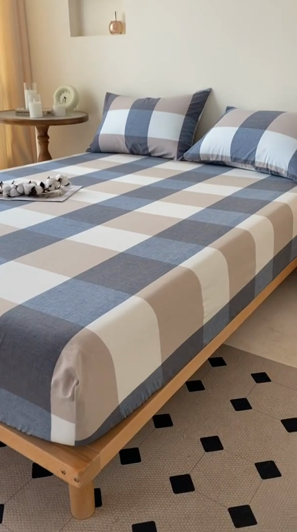 91家纺网 家纺一手货源 找家纺 寐眠 2024新款全棉水洗棉床单床笠单品-单床笠 蓝大格