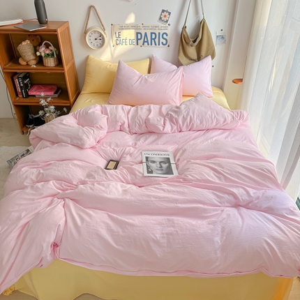 91家纺网 家纺一手货源 找家纺 易辰美 2024新款混搭超柔水洗棉四件套 浅粉+嫩黄