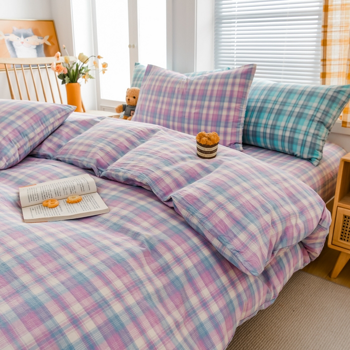 91家纺网 家纺一手货源 找家纺 柠萌家居 2024新款A类全棉色织水洗棉无印风四件套 简爱紫格