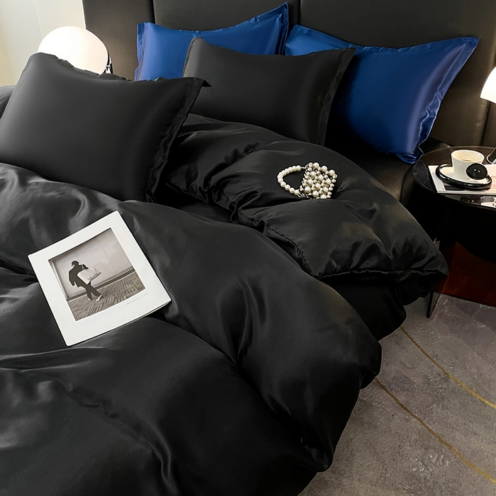 91家纺网 家纺一手货源 找家纺 梦舒羽 2025新款可水洗冰丝被套床单枕套夏季四件套 尊贵黑