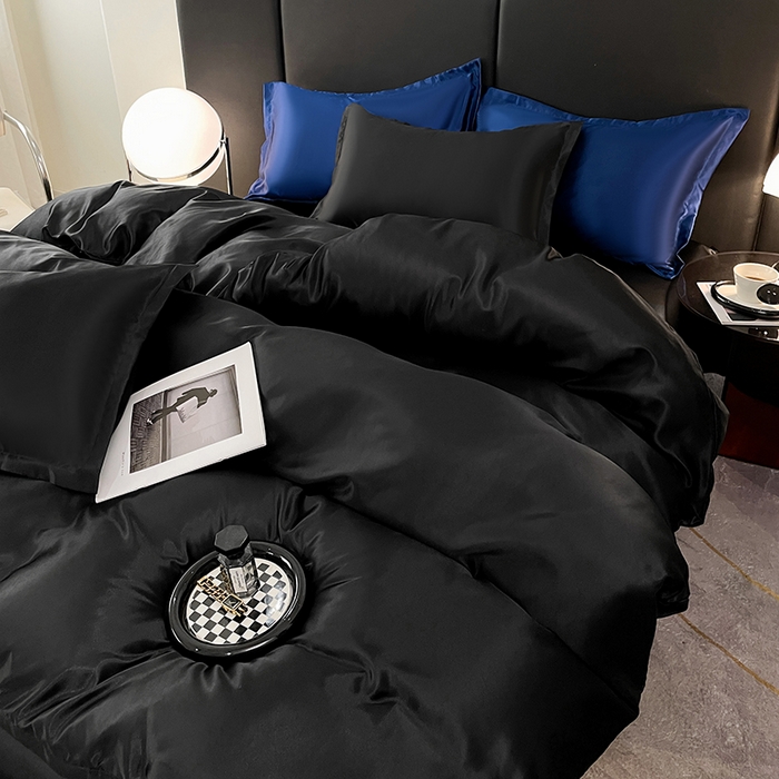 91家纺网 家纺一手货源 找家纺 梦舒羽 2025新款可水洗冰丝被套床单枕套夏季四件套 尊贵黑