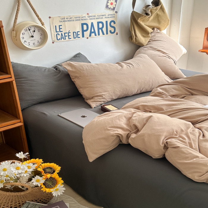 91家纺网 家纺一手货源 找家纺 易辰美 2024新款混搭超柔水洗棉四件套 奶杏+深灰