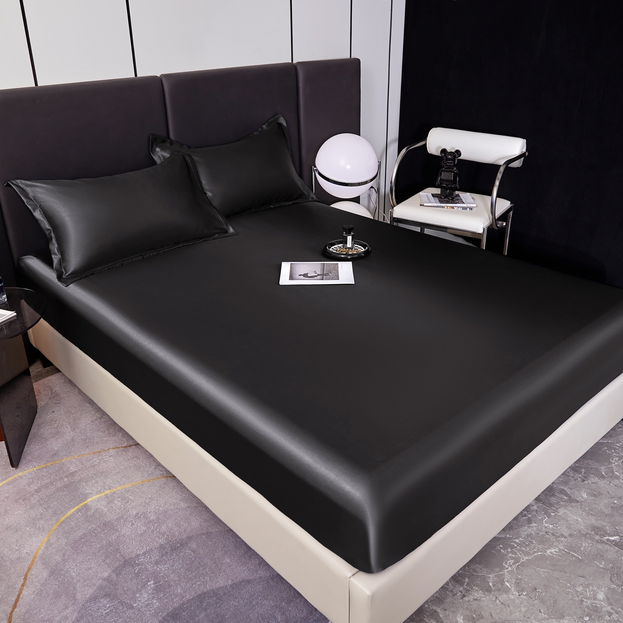 91家纺网 家纺一手货源 找家纺 梦舒羽 2025新款可水洗冰丝床垫保护套床笠三件套 尊贵黑